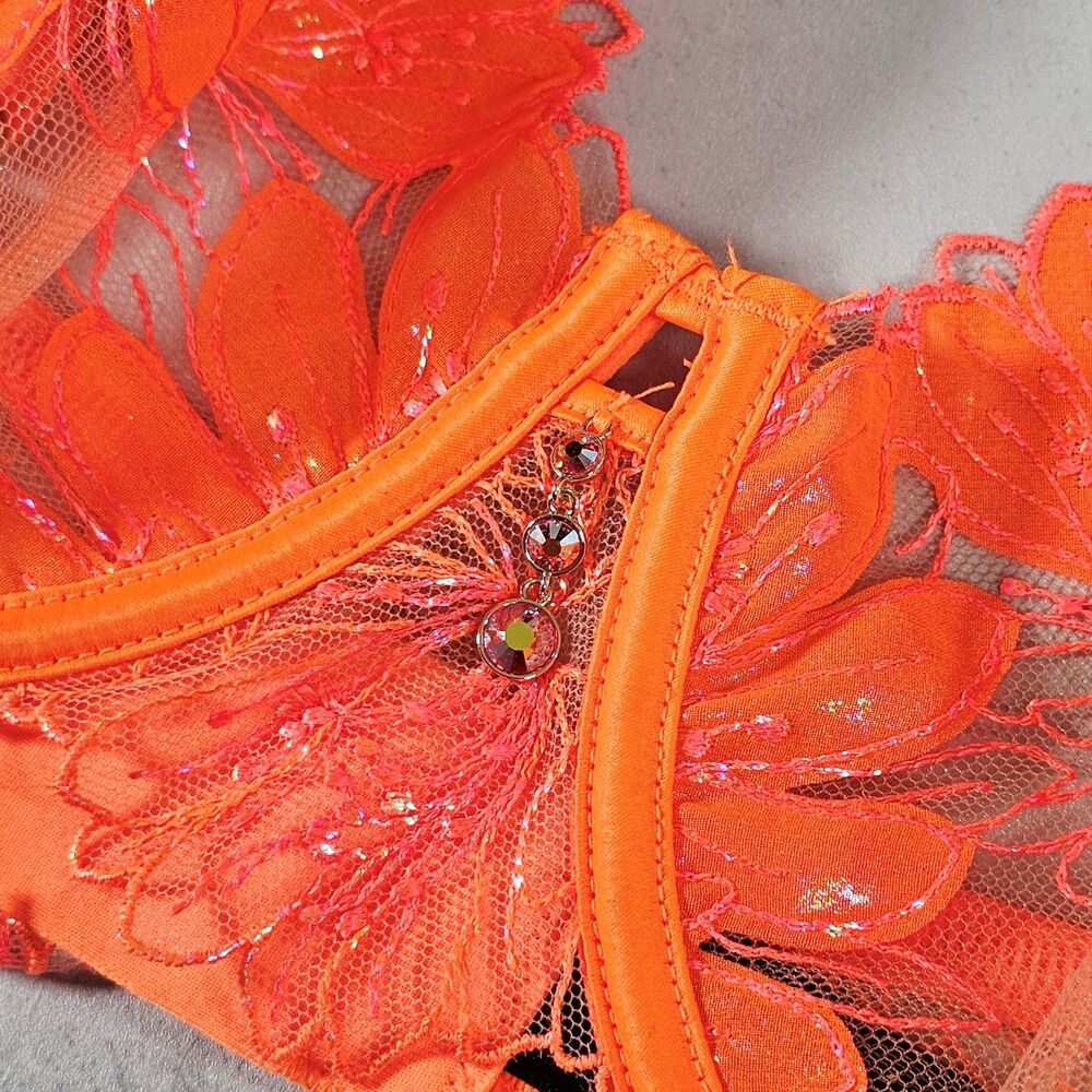 Honey Birdette Britt Neon Orange Sheer Underwire Floral Bra Size 38D - Picture 5 of 5